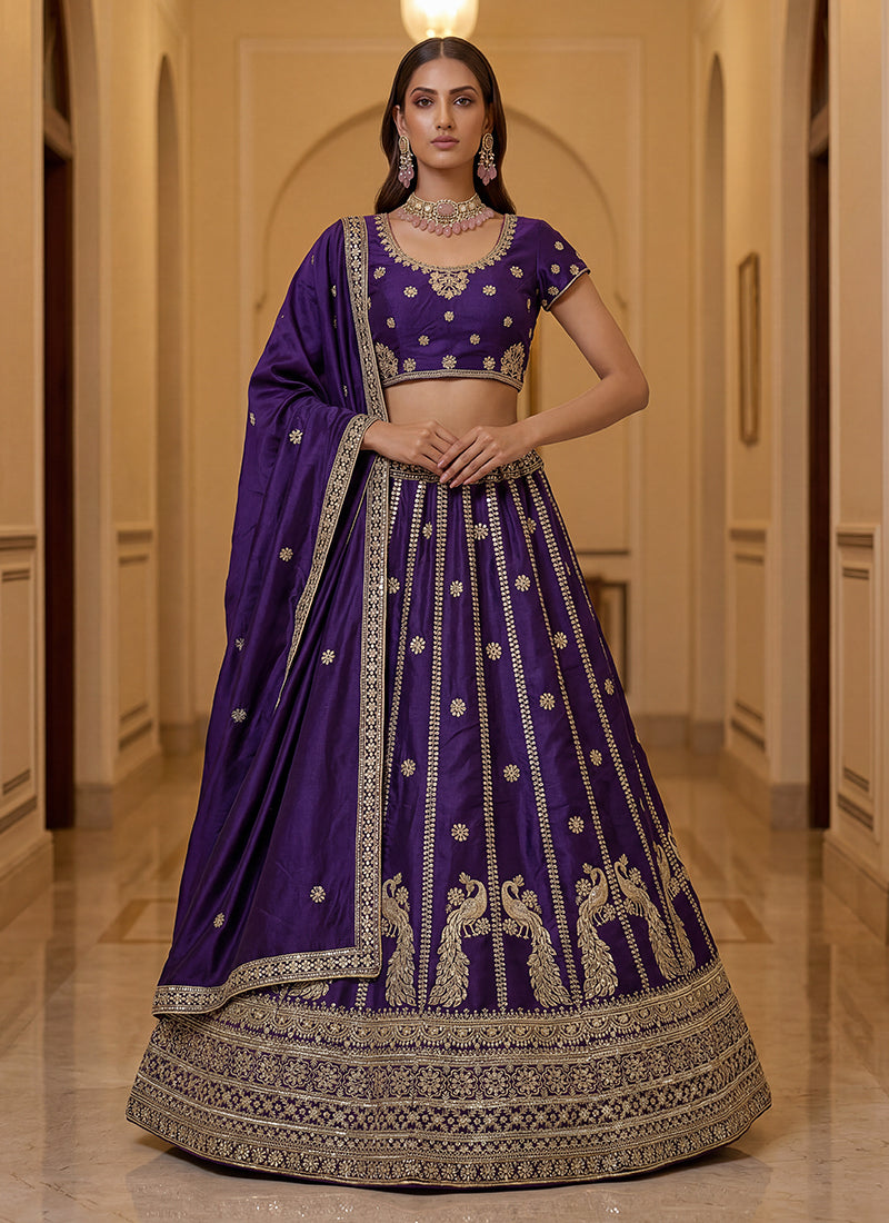 Deep Purple Embroidered Silk Wedding Lehenga Choli