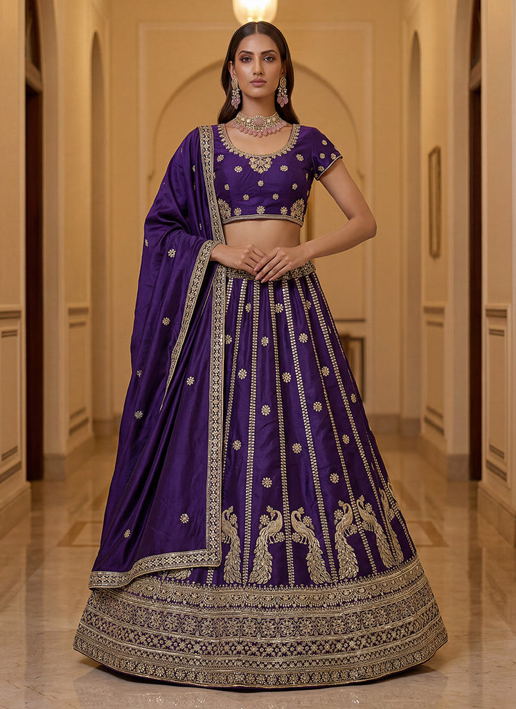 Deep Purple Embroidered Silk Wedding Lehenga Choli