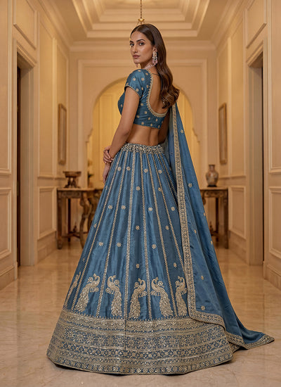 Steel Blue Embroidered Silk Wedding Lehenga Choli