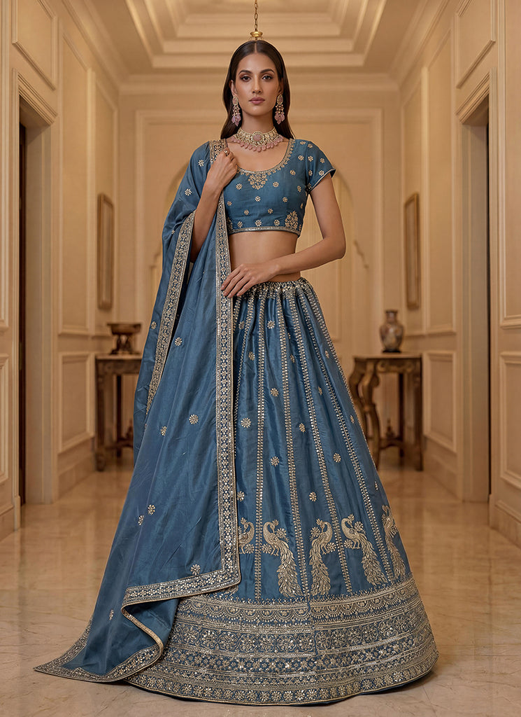 Steel Blue Embroidered Silk Wedding Lehenga Choli