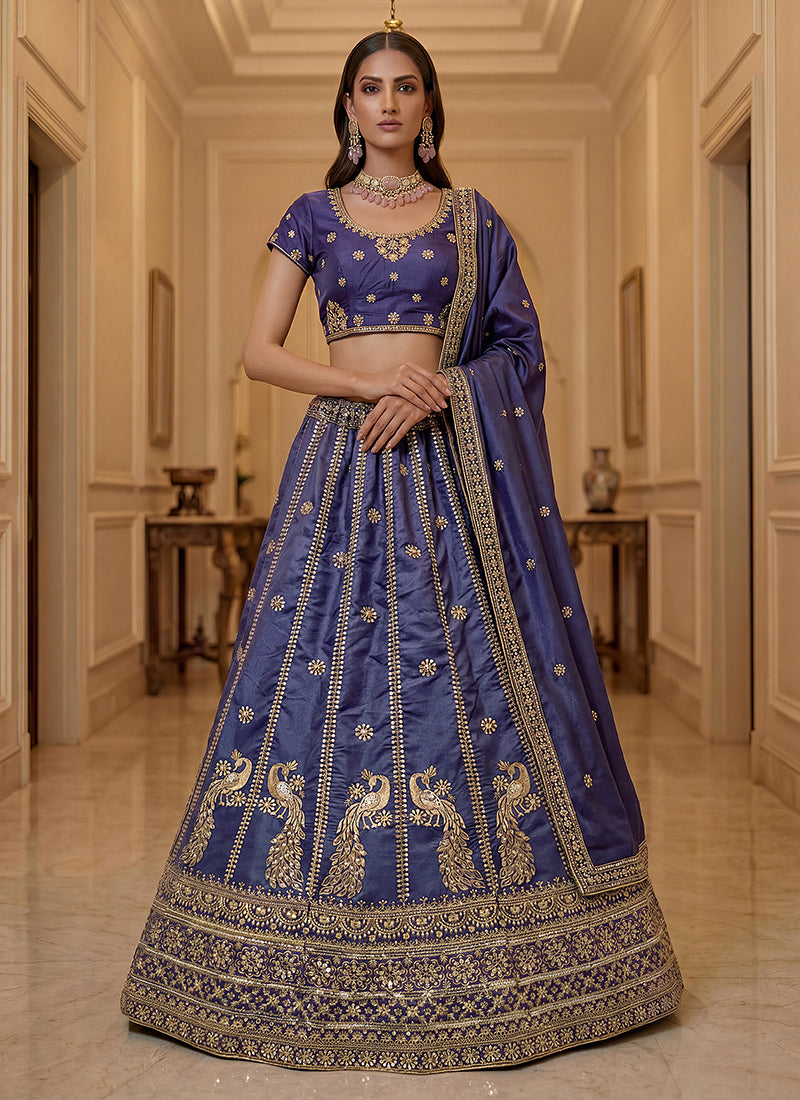 Violet Embroidered Silk Wedding Lehenga Choli