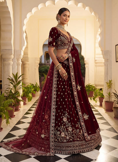 Bridal Maroon Embroidered Lehenga Choli