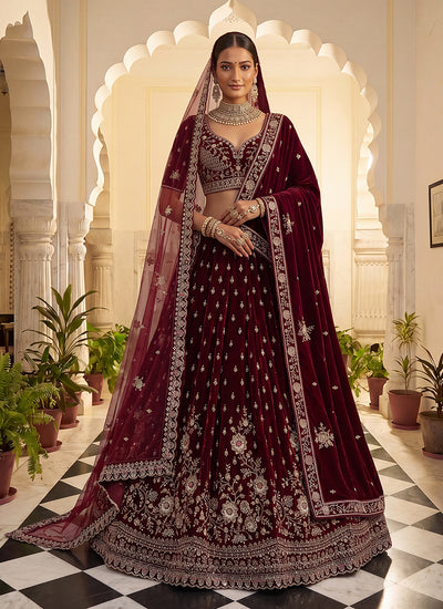 Bridal Maroon Embroidered Lehenga Choli
