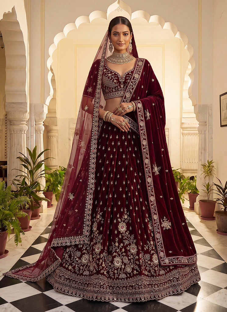 Bridal Maroon Embroidered Lehenga Choli