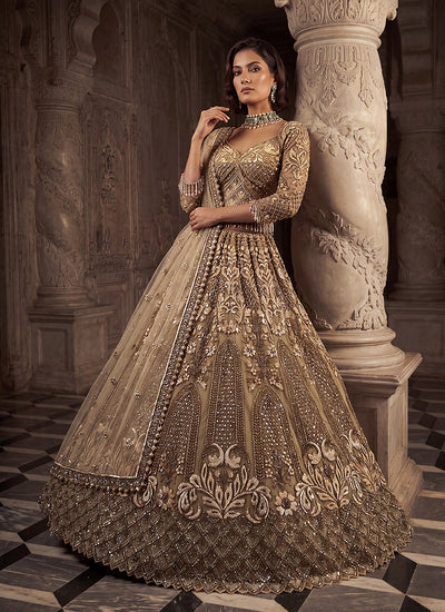 Champagne Beige Embroidered Wedding Lehenga Choli