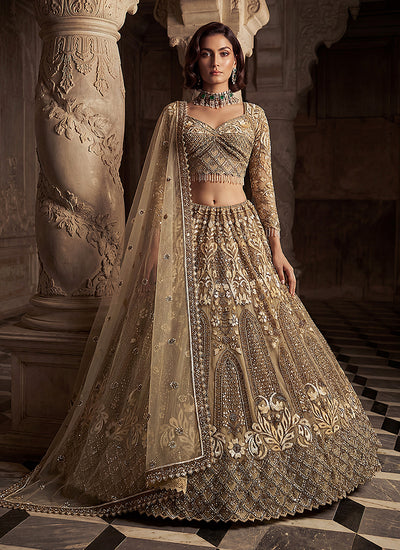 Champagne Beige Embroidered Wedding Lehenga Choli
