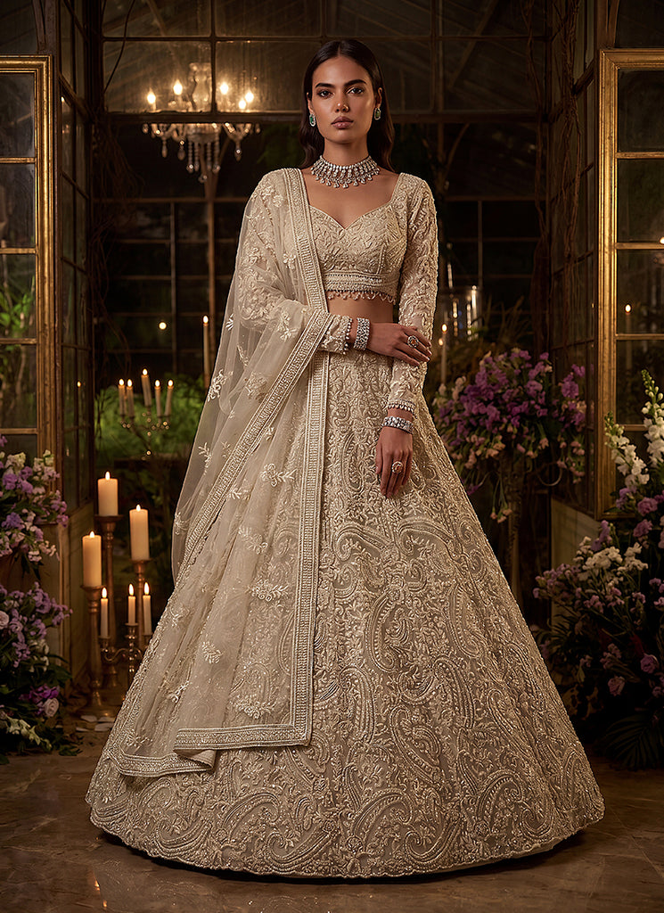 Ivory Beige Embroidered Wedding Lehenga Choli Custom