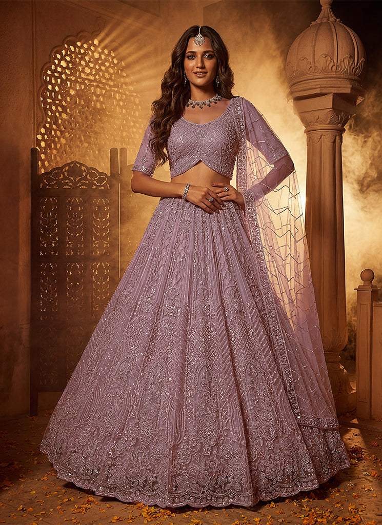 Lavender Hand Embroidery Bridal Lehenga Choli