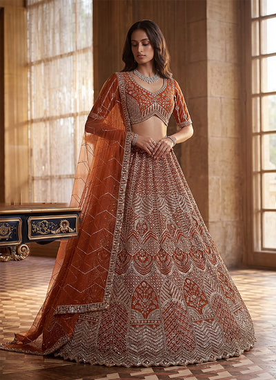 Rust Orange Embroidered Bridal Lehenga Choli