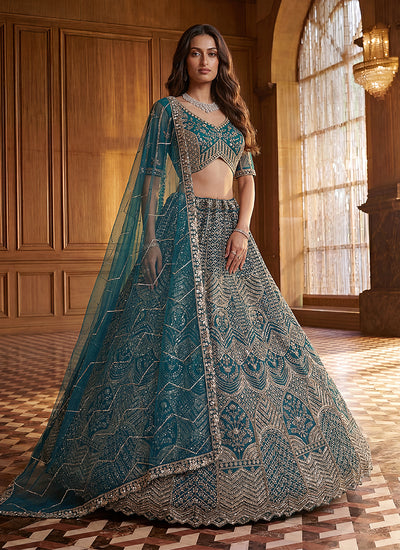 Turquoise Embroidered Bridal Lehenga Choli