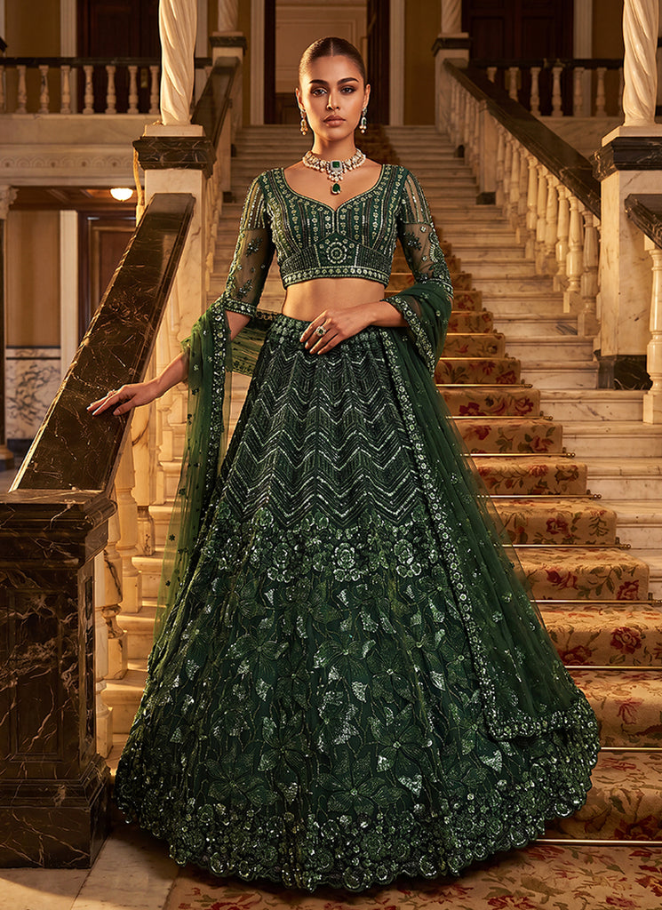 Bottle Green Embroidered Wedding Lehenga Choli