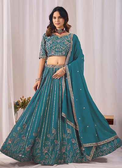 Turquoise Embroidery Georgette Lehenga Choli