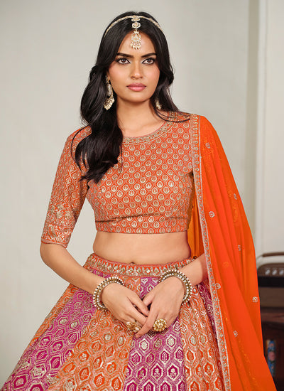 Orange Embroidered Georgette Lehenga Choli