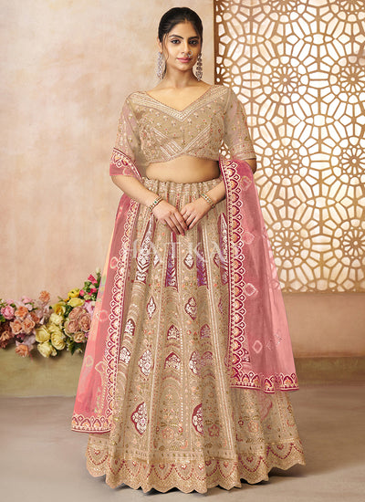 Beige Pink Traditional Embroidery Bridal Lehenga Choli