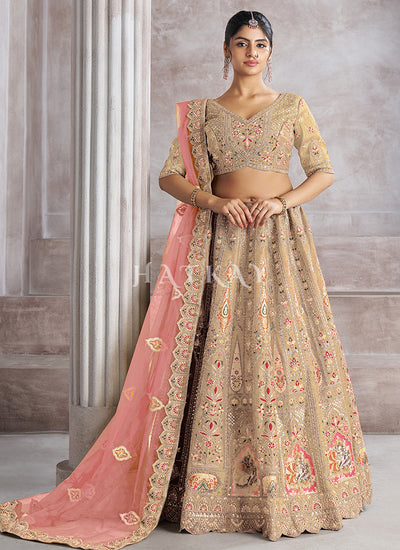 Beige And Peach Embroidery Bridal Lehenga Choli