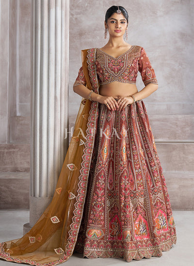 Rust Red And Yellow Embroidery Bridal Lehenga Choli