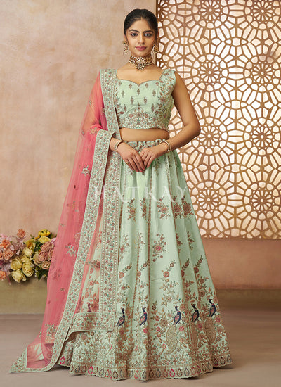 Green And Peach Embroidery Bridal Lehenga Choli
