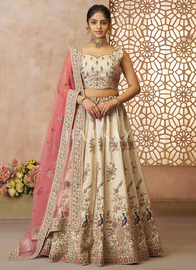 Off White And Pink Embroidery Bridal Lehenga Choli