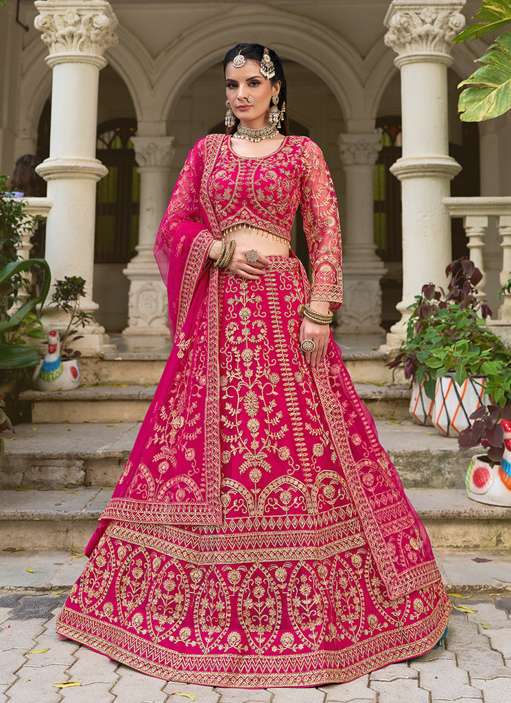Magenta Pink Embroidered Net Bridal Lehenga Choli