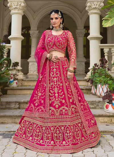 Magenta Pink Embroidered Net Bridal Lehenga Choli