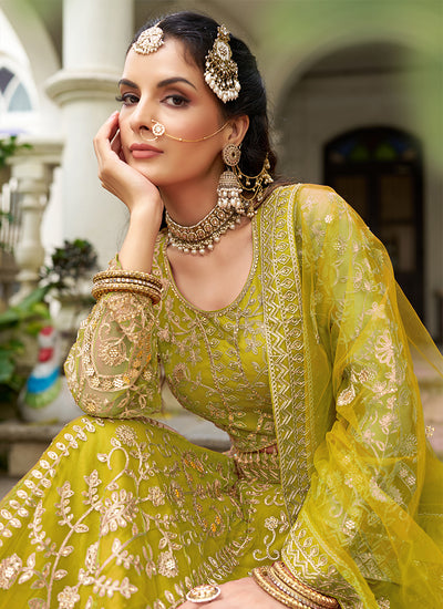 Lime Green Embroidered Net Bridal Lehenga Choli