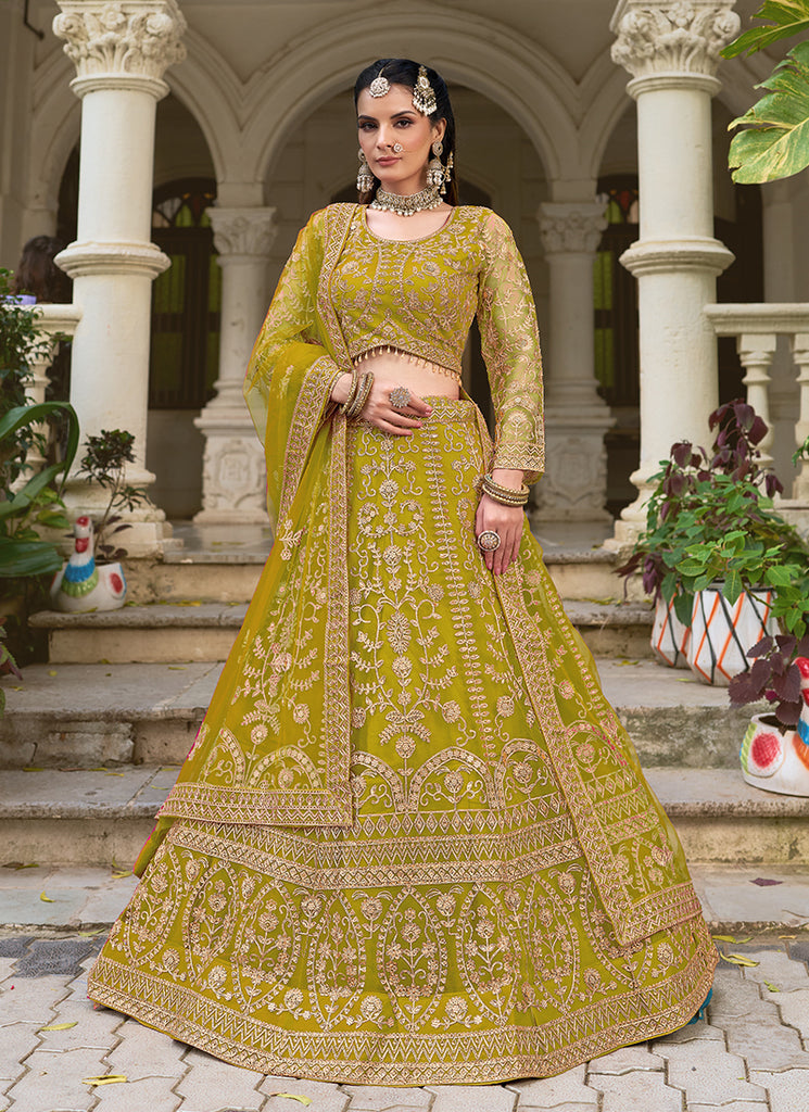 Lime Green Embroidered Net Bridal Lehenga Choli