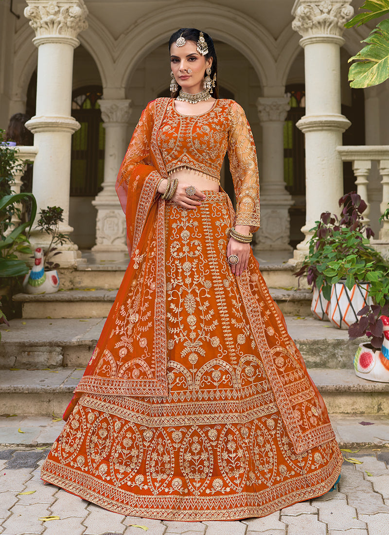 Bright Orange Embroidered Net Bridal Lehenga Choli