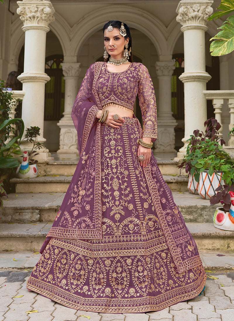Mauve Purple Embroidered Net Bridal Lehenga Choli