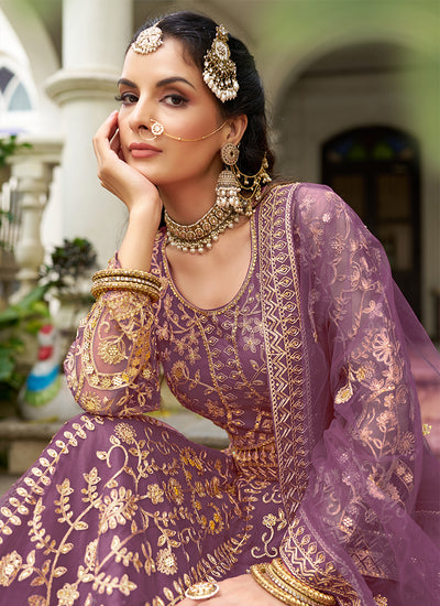 Mauve Purple Embroidered Net Bridal Lehenga Choli