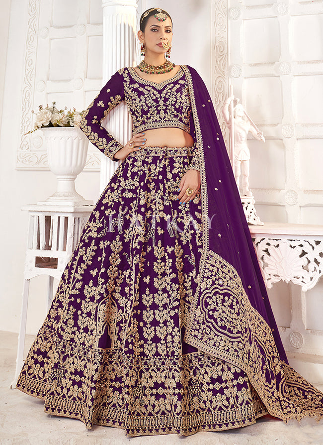 Purple Traditional Embroidery Wedding Lehenga Choli