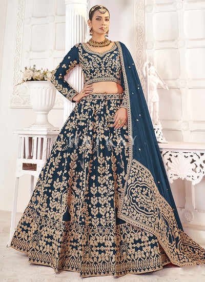 Teal Blue Traditional Embroidery Wedding Lehenga Choli