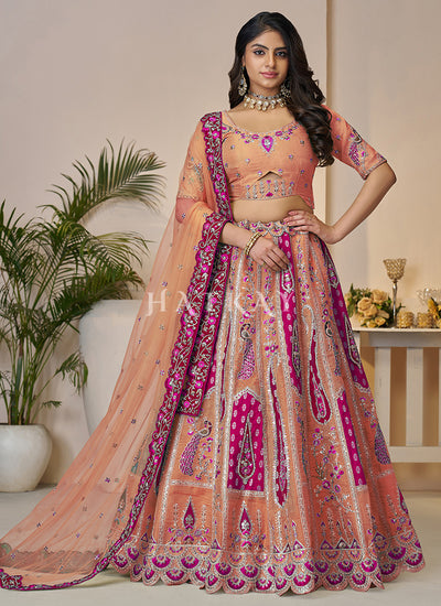 Orange And Pink Traditional Embroidery Bridal Lehenga Choli