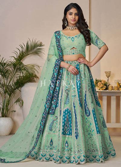 Green And Turquoise Traditional Embroidery Bridal Lehenga Choli