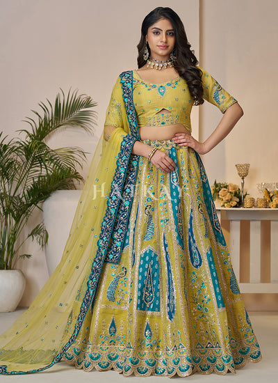 Yellow And Teal Traditional Embroidery Bridal Lehenga Choli