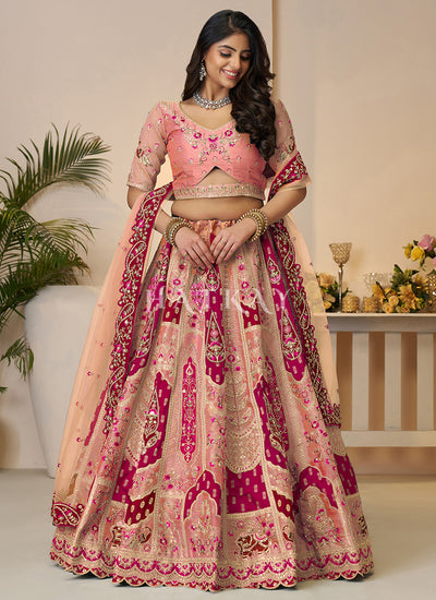 Peach And Pink Traditional Embroidery Bridal Lehenga Choli