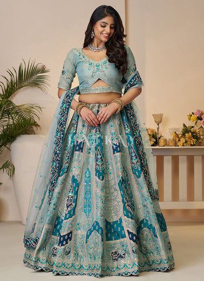 Turquoise Blue Traditional Embroidery Bridal Lehenga Choli