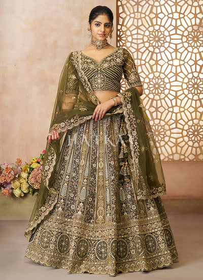 Olive Green Traditional Embroidery Bridal Lehenga Choli