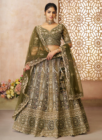 Olive Green Traditional Embroidery Bridal Lehenga Choli