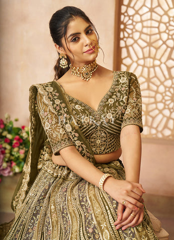 Olive Green Traditional Embroidery Bridal Lehenga Choli