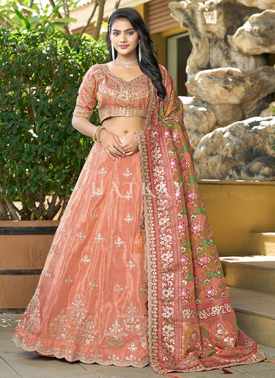 Peach Multi Embroidery Wedding Lehenga Choli