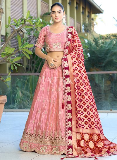 Pink And Red Multi Embroidery Wedding Lehenga Choli