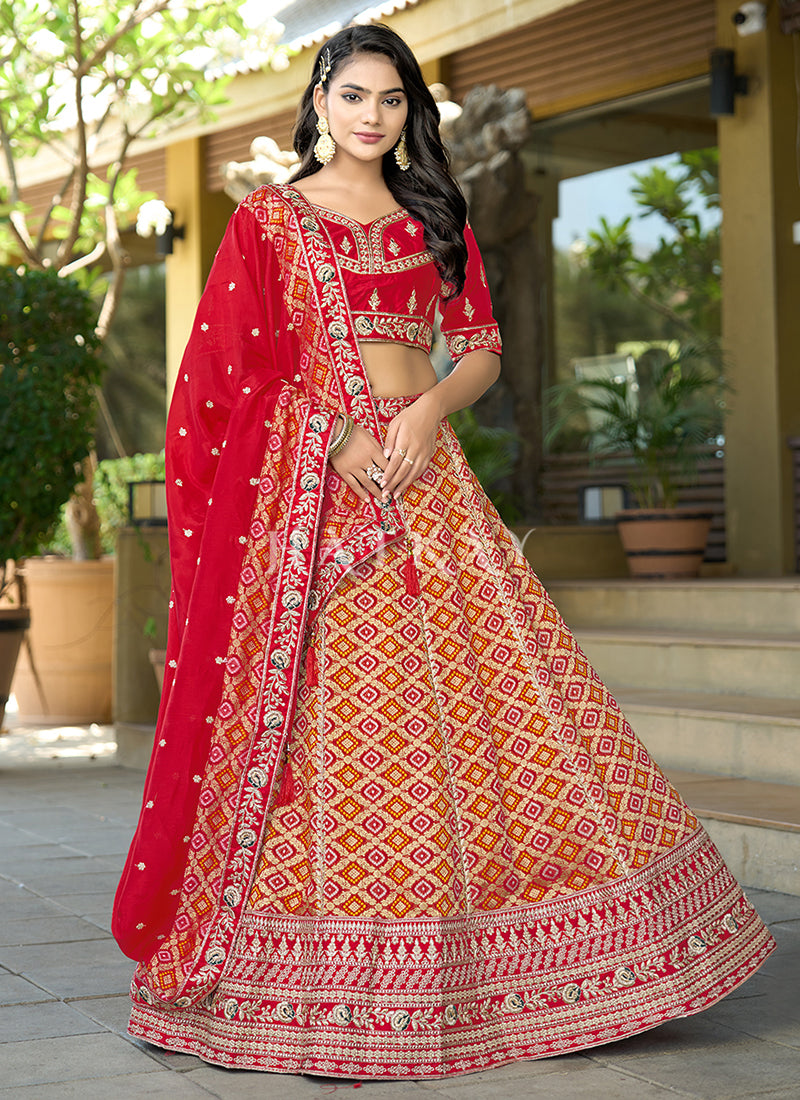 Red Orange Multi Embroidery Wedding Lehenga Choli