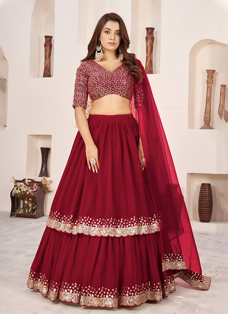 Red Sequins Embroidered Georgette Lehenga Choli