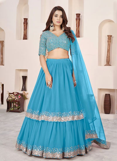 Firozi Blue Sequins Embroidered Georgette Lehenga Choli