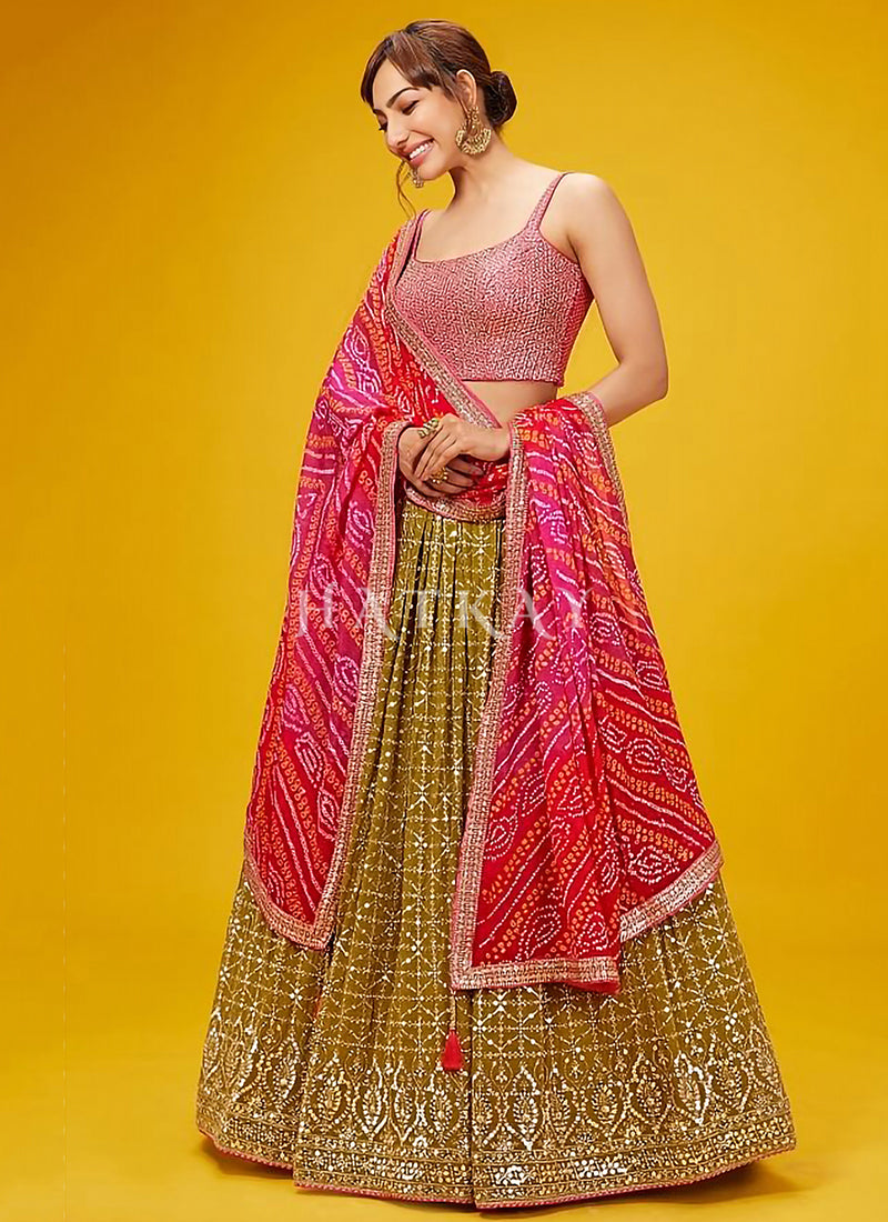 Olive And Pink Embroidered Lehenga Choli