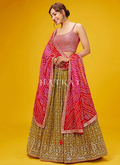 Olive And Pink Embroidered Lehenga Choli