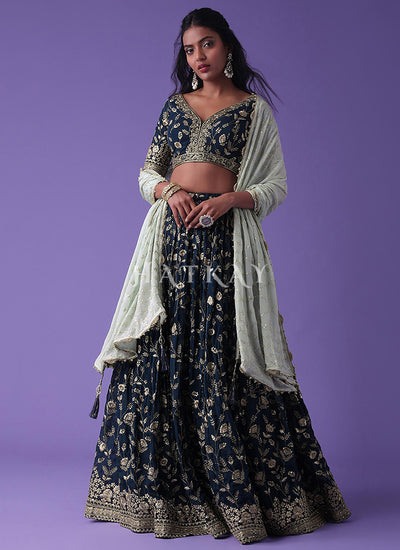 Blue And Grey Embroidered Lehenga Choli