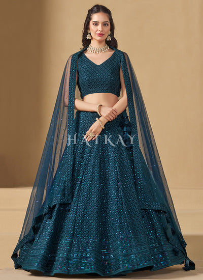 Turquoise Embroidered Party Wear Lehenga Choli
