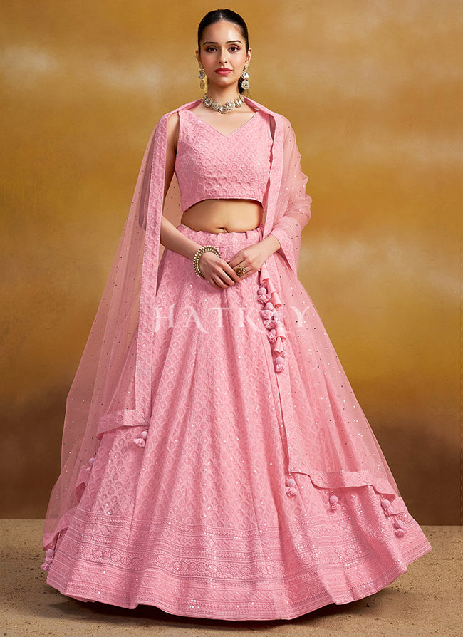 Pink Embroidered Party Wear Lehenga Choli