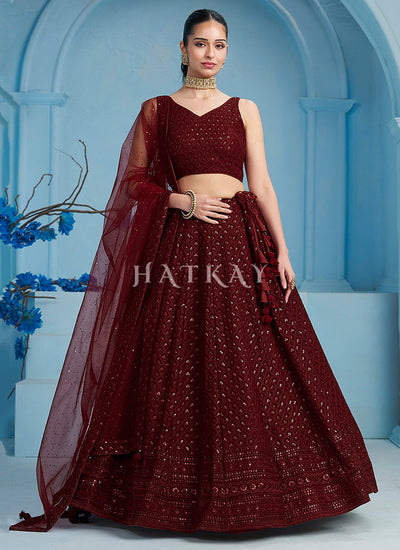 Maroon Embroidered Party Wear Lehenga Choli